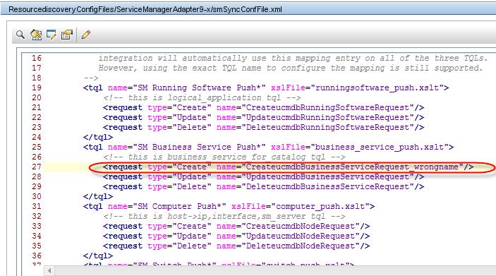 Chapter 6: Troubleshooting Wrong Service Manager WS Request Name Defined in smsyncconffile.