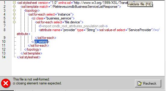 an XML editor (for example, XMLSpy). You can easily find and fix any validation issues.