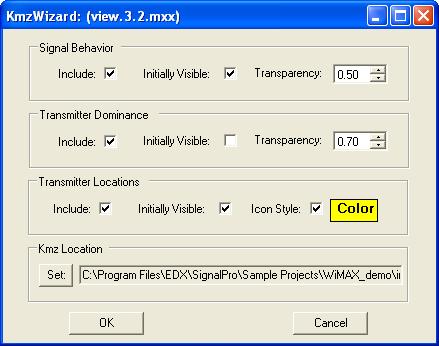 Figure 4 EDX SignalPro KMZ Wizard The KMZ Wizard dialog allows the engineer to control the type of information that is exported to Google Earth as well as how the data will initially show up on the