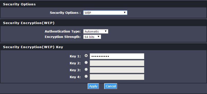 Selecting WEP: If selecting WEP (Wired Equivalent Privacy), please review the WEP settings to configure and click Apply to save the changes.