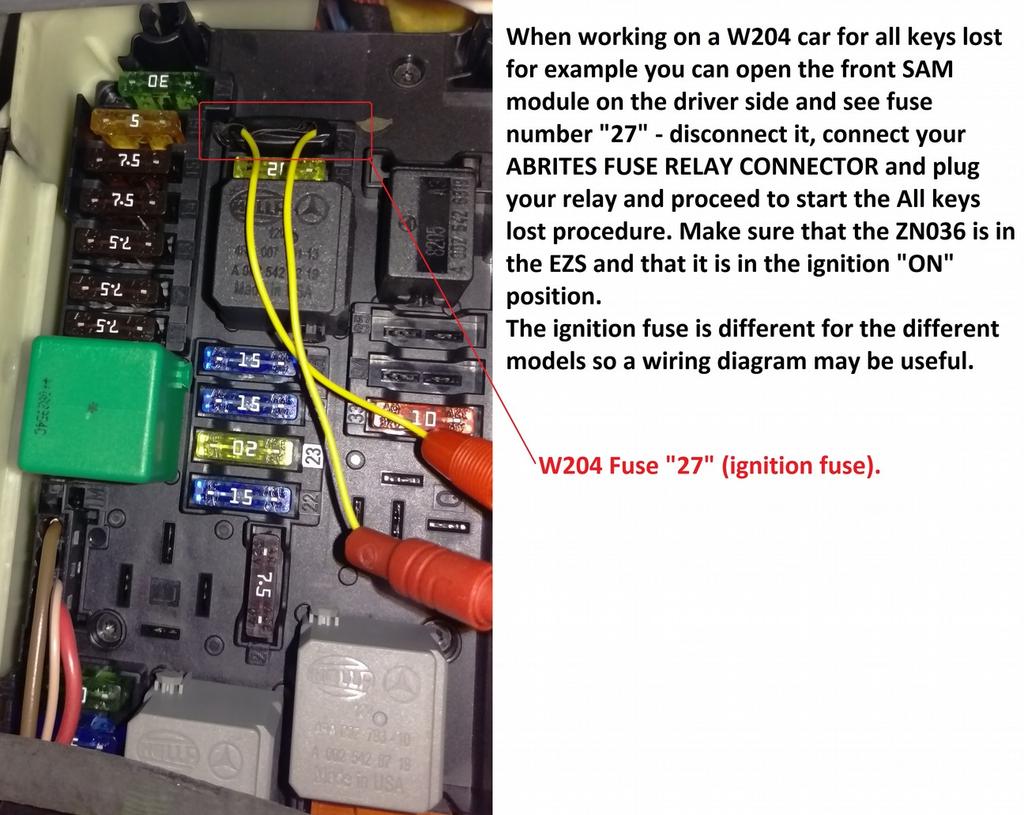 When you select the method with the Abrites IR adapter and fuse relay you will need to connect the fuse relay to the ignition fuse.