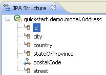 Figure 1 3 Address Entity in the JPA Structure View After creating the entity, you must associate it with a database table. 1. Select the Address class in the Project Explorer view.