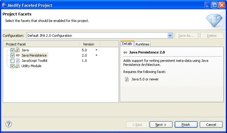 Converting a Java project to a JPA project Figure 3 13 Modify Faceted Project Page 2. Change the Configuration to Default JPA Configuration. 3. Click Next.