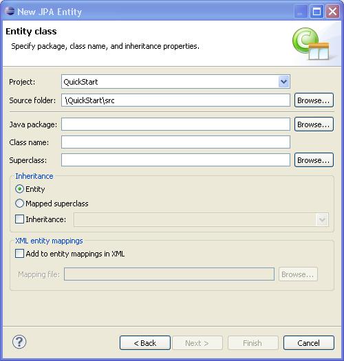 Creating a JPA entity Figure 3 16 The Entity Class Page Complete the fields on the Entity Class page as follows: Select the JPA project in the Project field.