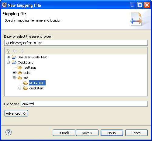 Managing the orm.xml file Figure 3 38 New Mapping File Location Page 3. Select the name and location of your mapping file and click Next. The Mapping File Options page appears.