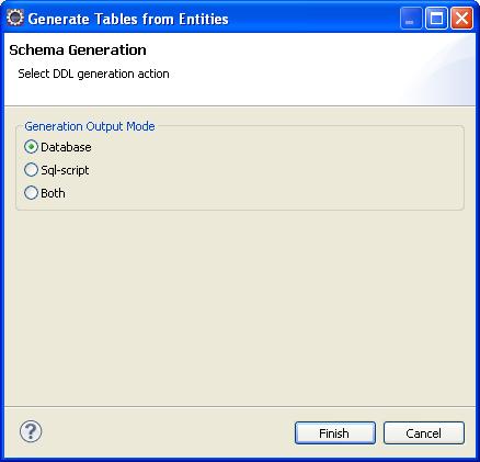 Generating tables from entities Figure 3 67 Schema Generation 3. Click Finish. Dali generates the selected DDL for the entities, as shown in Example 3 3.