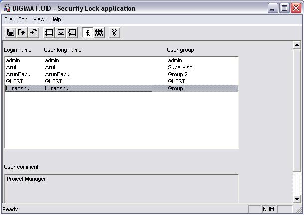 Section 1 Security Lock Group data, system rights User Data View > User di4010uk.bmp User entries can be edited, deleted or created with the Edit menu or with the appropriate tool from the tool bar.
