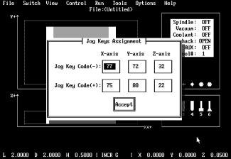 2 Options Menu Options-Jog Keys Assignment Allows the user to choose which keys on the computer keyboard control thejog movement of the machine.