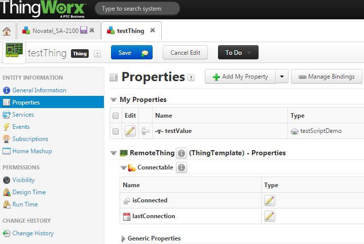 10. Navigate to the Thing you created in ThingWorx, and check the Properties window, create a new property named testvalue, and make sure it is a String type. 11.