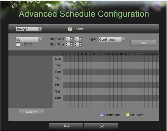 Figure 24. Advanced Schedule Configuration Menu 2. Select the camera to configure from the camera drop down menu.