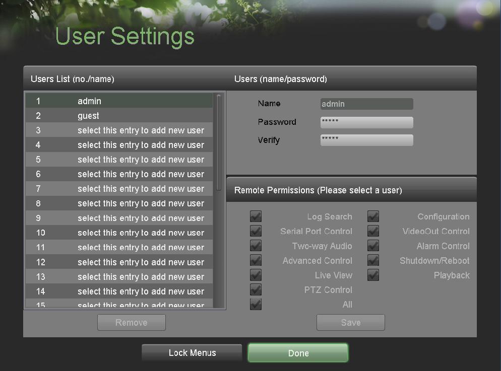 Adding a New User You may add up to 31 new users to your DVR. To add new users: 1. Enter the User Settings menu, shown in Figure 38 by going to Main Menu > System Configuration > User Settings.
