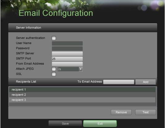 Figure 46. Email Configuration Menu Under Server Information, enter all pertinent email information, including: Server Authentication: Enable if email server requires authentication.