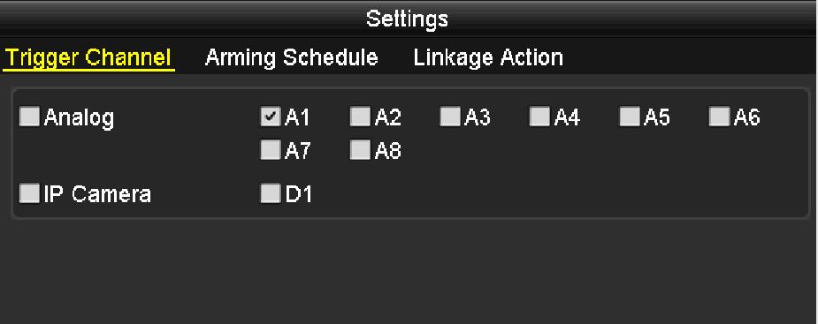 Figure 8. 3 Set Trigger Camera of Motion Detection 4. Set up arming schedule of the channel. 1) Select Arming Schedule tab to set the channel s arming schedule.