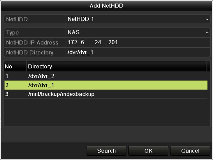5. Configure the NAS or IP SAN settings. Add NAS disk: 1) Enter the NetHDD IP address in the text field. 2) Click Search to search the available NAS disks.