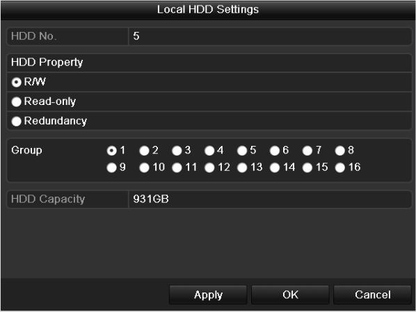 Figure 10. 13 Set HDD Property 3. Set the HDD property to R/W, Read-only or Redundancy. 4. Click the OK button to save the settings and exit the interface. 5.