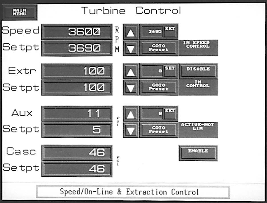Manual 85015 Turbine Control Screen OpView Interface for 505/505E Controls For each function configured this screen will display the actual input, setpoint with Raise and Lower buttons, and