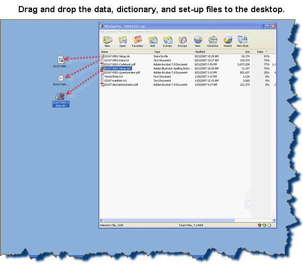 Using a set-up file to read ASCII data into Stata The download file is saved to the desktop. The first step is to remove the files from the zip folder that are needed to read in the data.