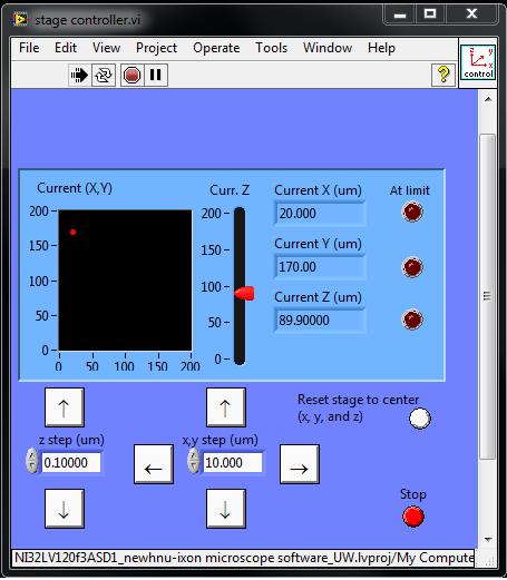 Stage Controller.vi window: Allows you to control the movement of the stage in the x, y & z axis from the computer.