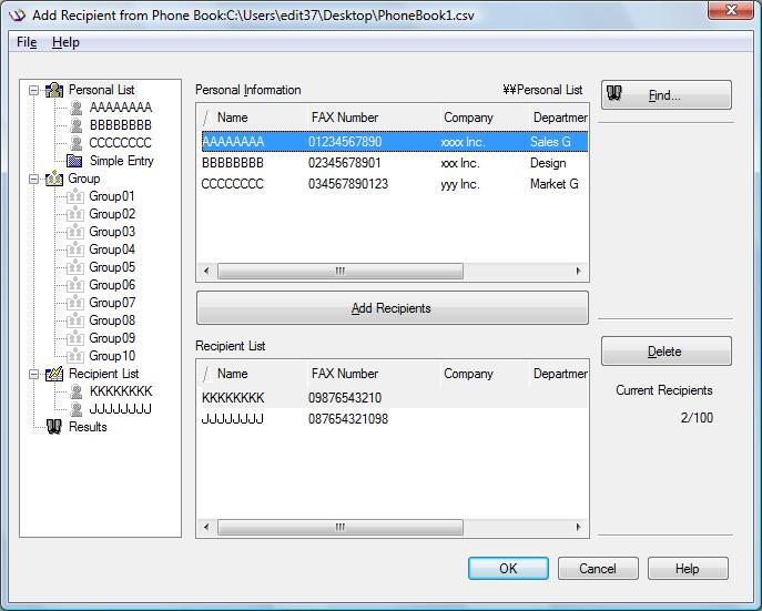 4.1 Sending a fax 4 2 Select [Personal List] or [Group] from the list on the left side of the phone book to display the desired recipient in the [Personal Information] list. % Clicking [Find.