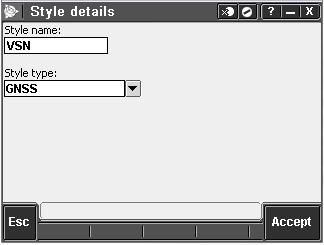 In the Style details screen: Style Name: Type in a name that will define the name of new style; this will be what you select when you start your survey. Style Type: Select GNSS.