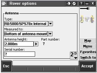 In the Rover options window, page 2: Antenna Type: Select the proper antenna.