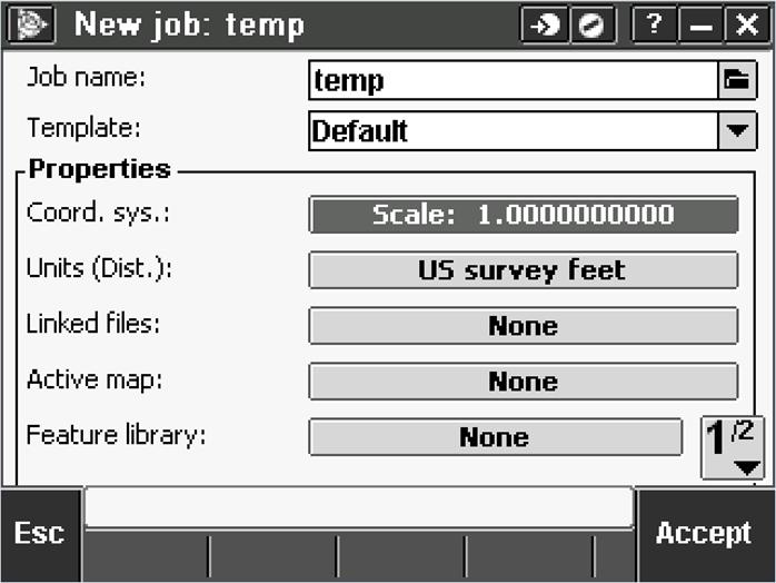 In the New job menu select the following: Job Name: Enter the name of your job here by using the keypad on the TSC Handheld. Template: Set to Default. Units (Dist.): Select to US survey feet.