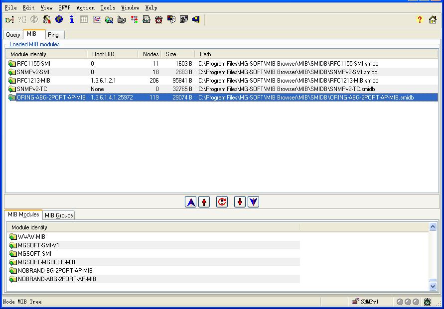 Open MIB Brower and select the list of MIB, then select the ORING-ABG-2Port-AP-MIB which in the MIB Modules to add in the