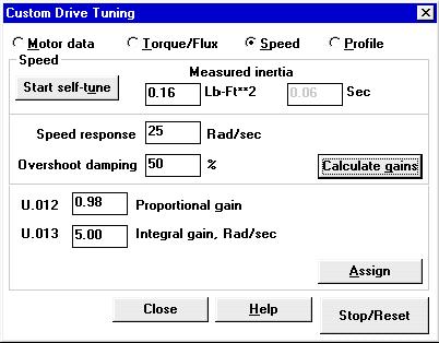 Figure 5.5 Example of Setting Speed Loop Data Values Use the following procedure to tune the Speed Loop. Step 1. Enter the inertia value for the motor and load in the Lb-Ft**2 box. Continue to step 2.