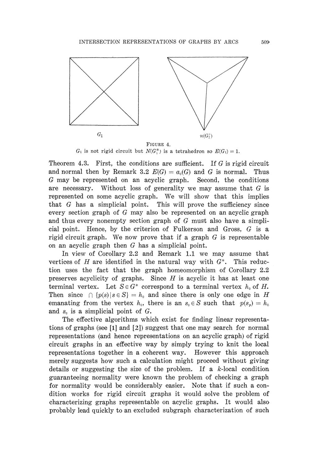 INTERSECTION REPRESENTATIONS OF GRAPHS BY ARCS 509> G i n(gΐ) FIGURE 4. Gι is not rigid circuit but N(G?) is a tetrahedron so E(Gι) = 1. Theorem 4.3. First, the conditions are sufficient.
