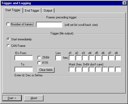 CANreal - Program window 2.7 Dialogbox Trigger and Logging 2.7.1 Start Trigger The conditions which start (trigger) the recording of the messages in a file can be specified here.