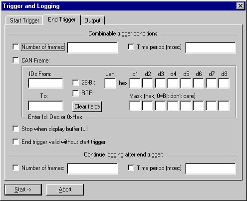 CANreal - Program window 2.7.2 End Trigger In this window the conditions can be specified which stop the recording of the messages in files.