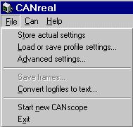 CANreal - Menu 3. Menu The main menu contains the three menu items File, CAN and Help: Fig. 6: Menu bar of CANreal and subordinated items of menu File 3.1 