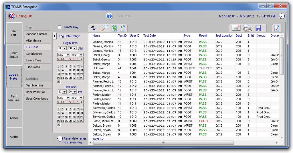 Logs - ESD Test Log The ESD Test Log report shows a sequential log of all tests performed during a specific date/time range.
