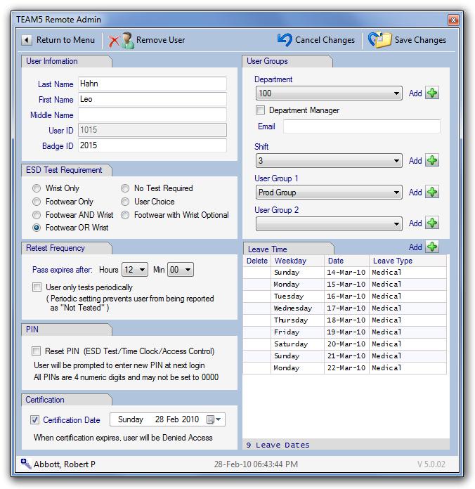 The TEAM5 Remote Admin - User Edit window is displayed.