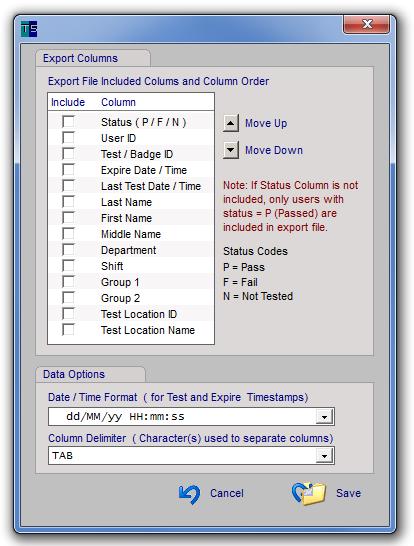 Status Export to File ( continued ) File Export Format To set the file export format; - Click the File Format icon The File Format window is displayed - Check each column to include in the export