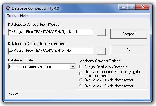 Repairing a TEAM5 Database If a TEAM5 database becomes corrupt, it may be possible to repair the database using the Microsoft JETCOMP.EXE program.