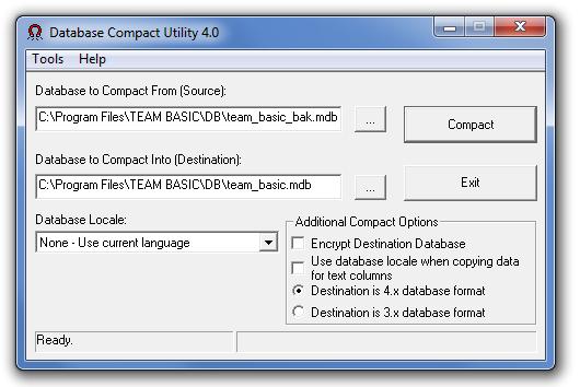 Repairing a TEAM Basic Database If the Team Basic database becomes corrupt, it may be possible to repair the database using the Microsoft JETCOMP.EXE program.