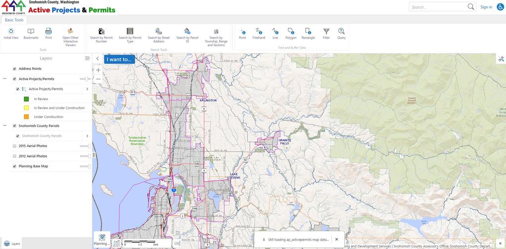 Instructions for Using the Interactive Map: Basic Overview This interactive maps displays all major active projects and permits that are processed at Snohomish County's Planning and Development