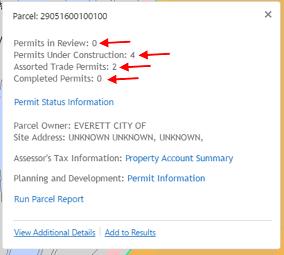 The Permit Count level will work for all Active projects that are colored in one of the three permit status colors (green, yellow or orange) as well as on a parcels with no color, as it will display