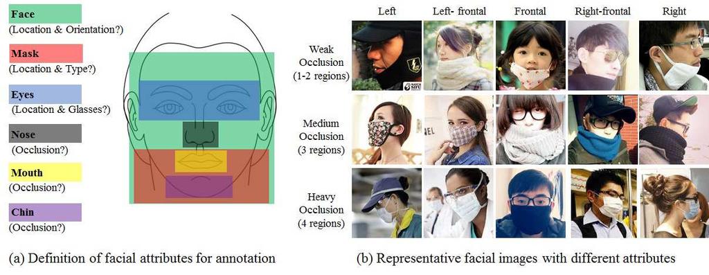 Figure 2. Definition of facial attributes and representative facial images in MAFA. 6) Mask type.