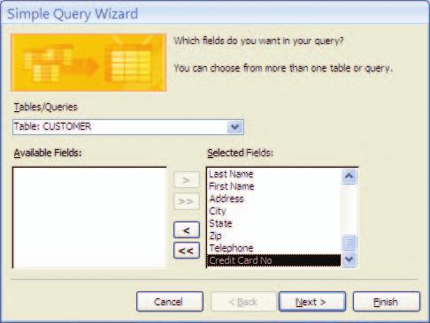 FIGURE T1 Create Query by Using Wizard Select the table or query that contains the fields you want. Fields that will appear in your query. 8. 9. 10.