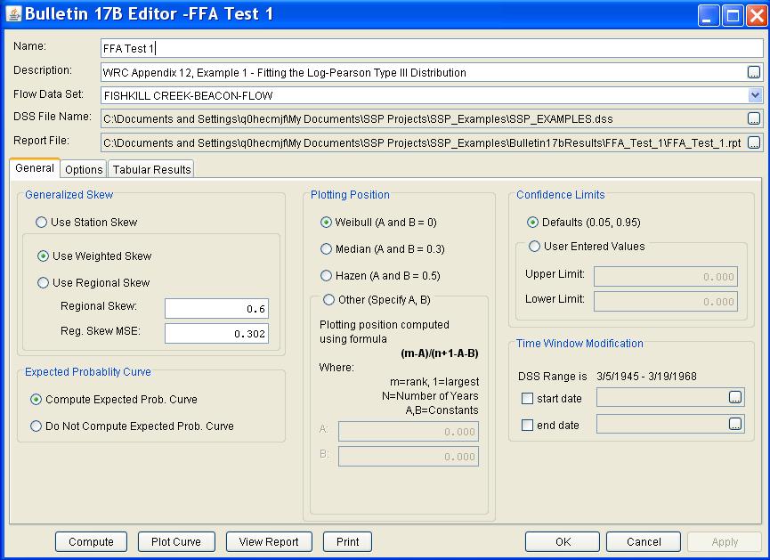 Appendix B Example Data Sets Figure B-4. Bulletin 17B Analysis Editor with Test Example 1 Data Set. Shown in Figure B-4 are the general settings that were used to perform this frequency analysis.