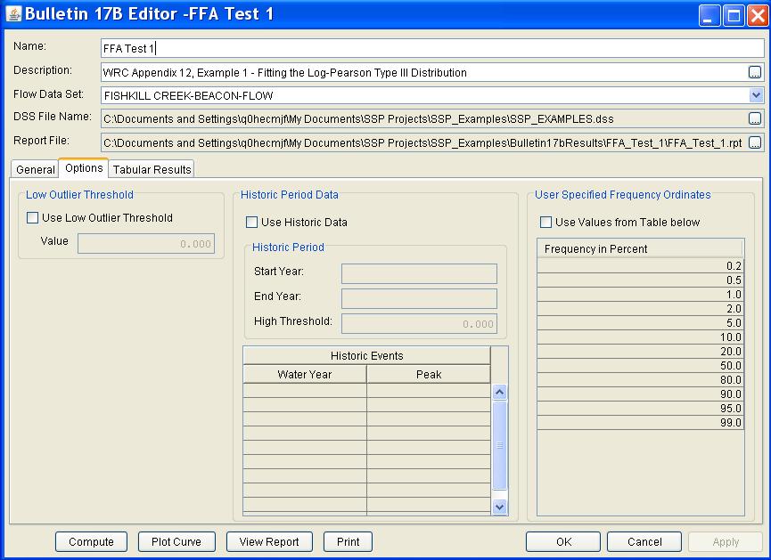 Appendix B Example Data Sets Figure B-5. Bulletin 17B Editor with Options Tab Selected for Test Example 1.