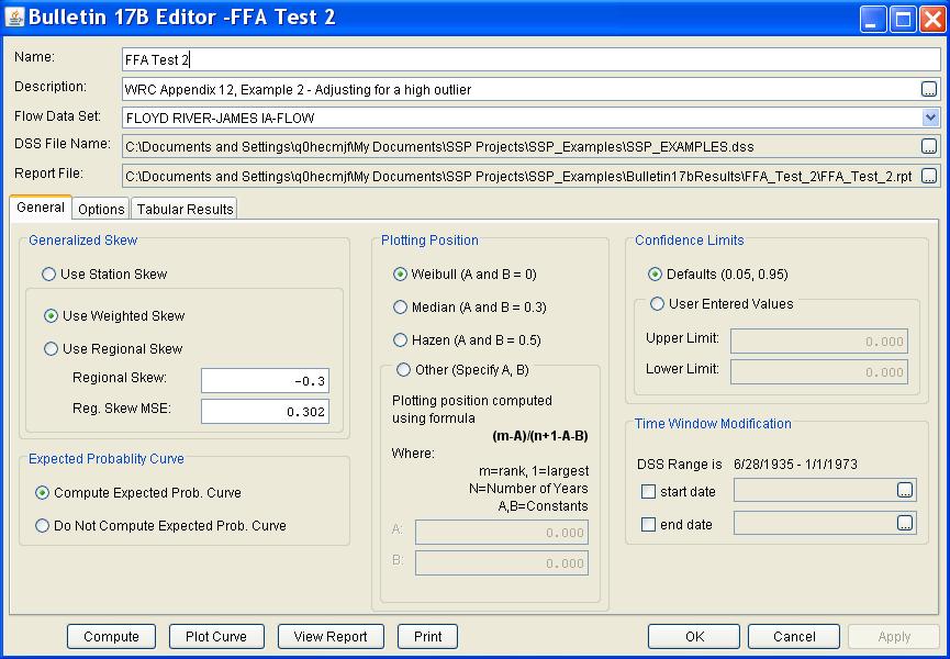 Appendix B Example Data Sets Figure B-11. Bulletin 17B Analysis Editor with Test Example 2 Data Set. Shown in Figure B-11 are the general settings that were used to perform this frequency analysis.