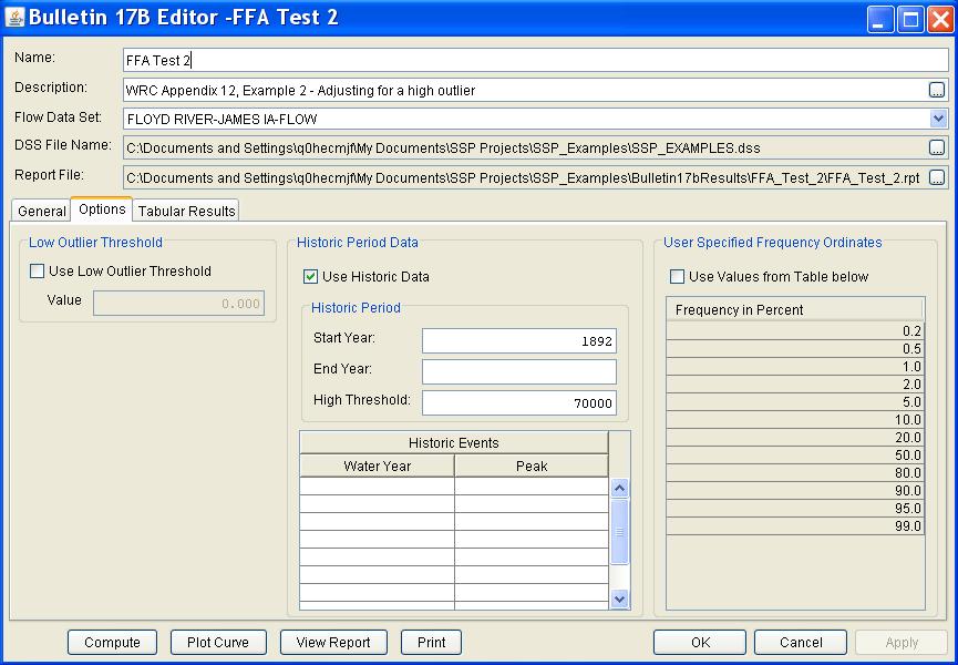Appendix B Example Data Sets Figure B-12. Bulletin 17B Editor with Options Tab Selected for Test Example 2.
