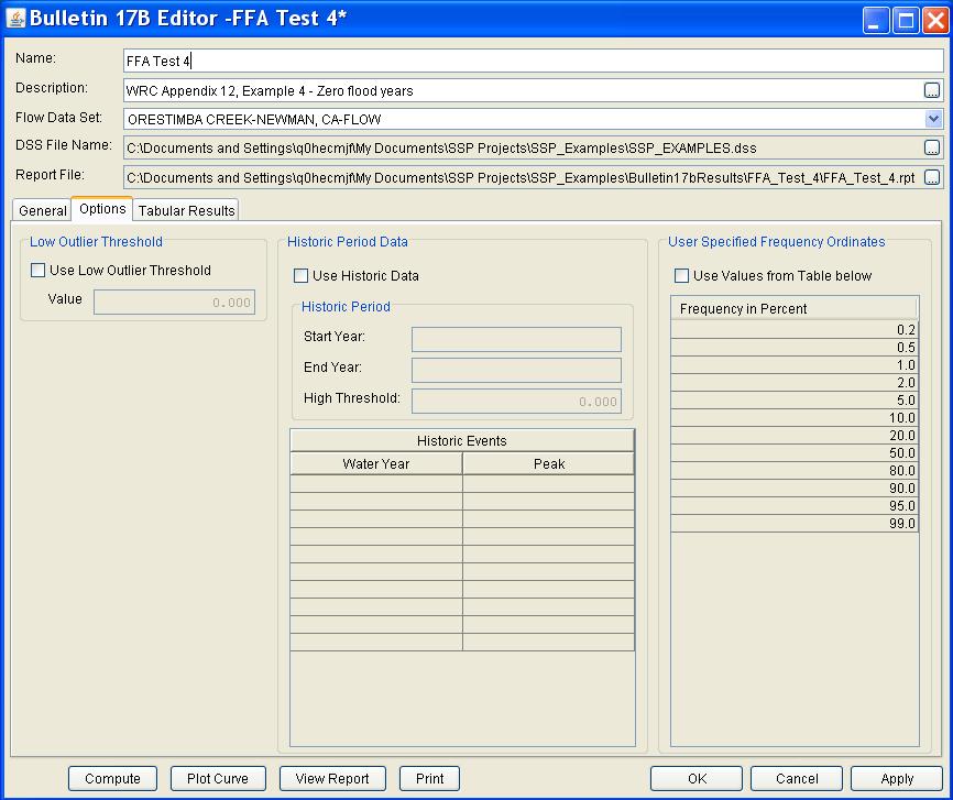 Appendix B Example Data Sets Figure B-26. Bulletin 17B Editor with the Options Tab Selected for Test Example 4.