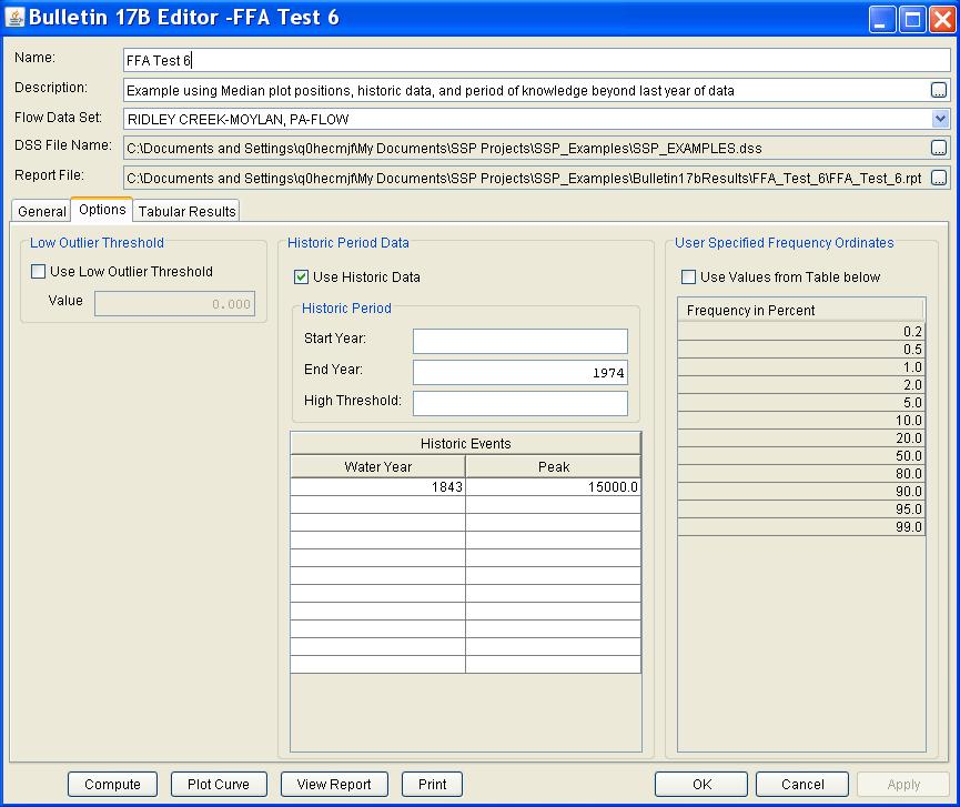 Appendix B Example Data Sets Figure B-40. Bulletin 17B Analysis Editor with Options Tab Shown for Test Example 6.