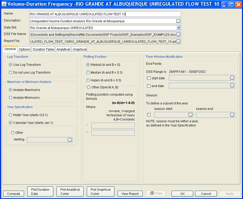 Appendix B Example Data Sets TEST 10 from the list of available analyses. When test 10 is opened, the Volume-Duration Frequency analysis editor will appear as shown in Figure B-70.