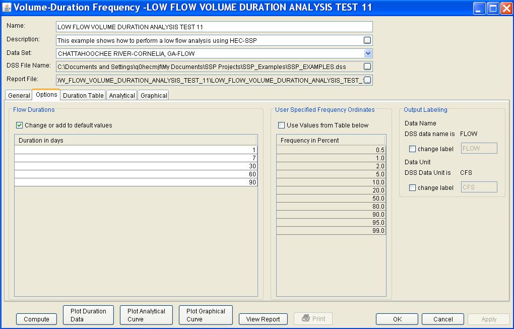 Appendix B Example Data Sets Shown in Figure B-82 is the Volume-Duration Frequency analysis editor with the Options Tab selected.