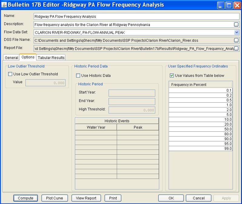 Chapter 5 Performing a Bulletin 17B Flow Frequency Analysis Options In addition to the general settings, there are also several options available to the user for modifying the computations of the